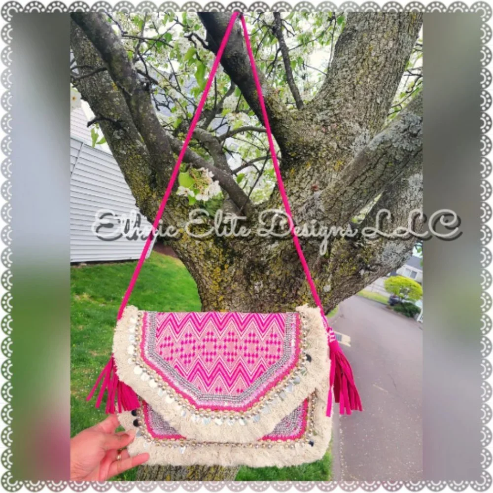 New pink Handmade Banjara fringe Jute Bag - Silver And Gold Leather Slin… - Picture 4 of 8